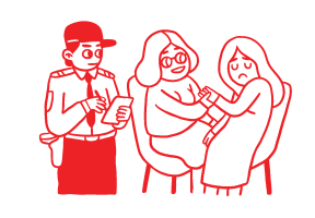 Animeret politimand og to kvinder der holder i hånd